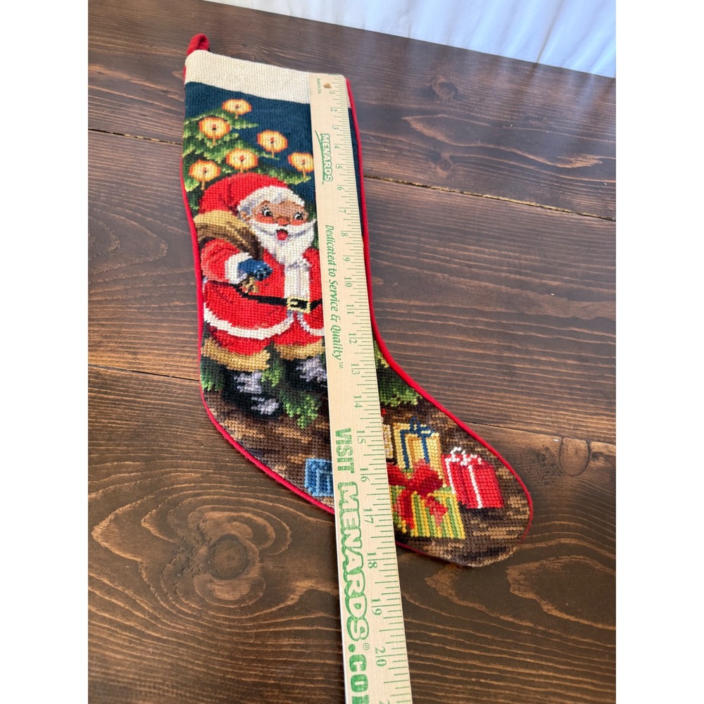 Vintage Santa Claus Needlepoint Christmas Stocking Red Velvet Backing 17 Inch - Picture 3 of 8